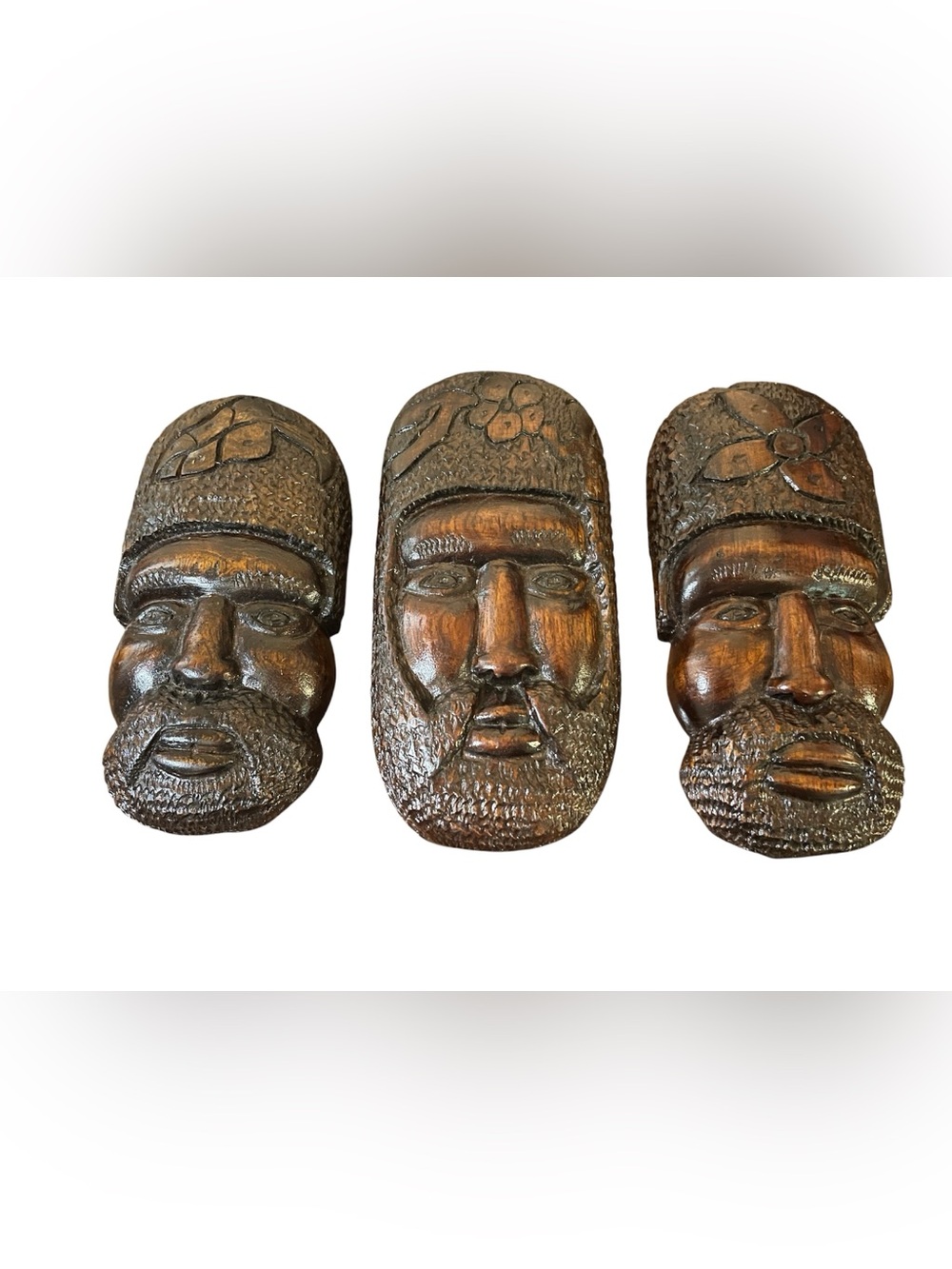 Vintage Hand Carved Wood Tribal Wall Masks Set of 3 Folk Art Afro Caribbean Art - Picture 1 of 10